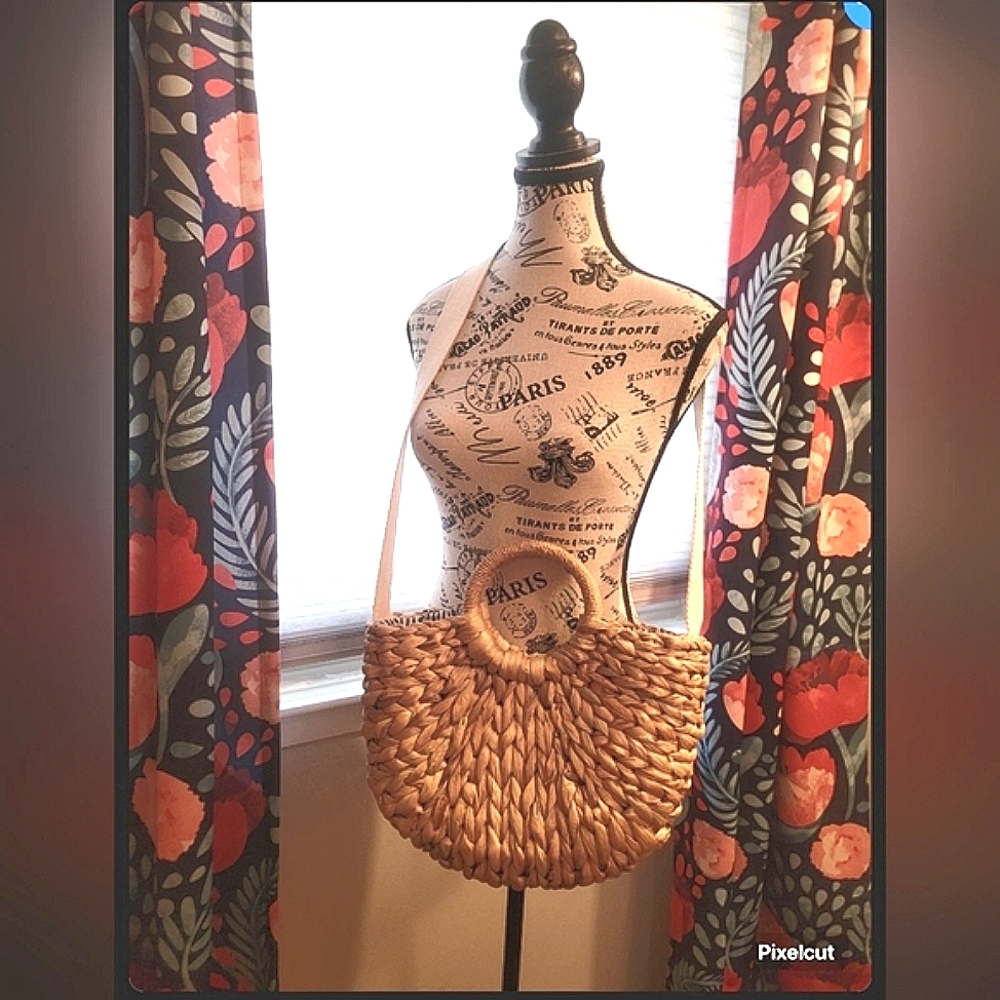 Gap Boho Straw Bag Circular Handle Striped Lining… - image 2